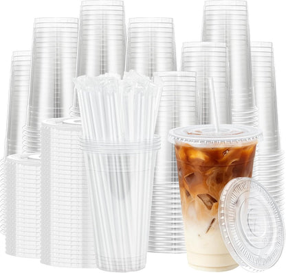 Lamosi 16 oz Clear Plastic Cups with Lids and Straws