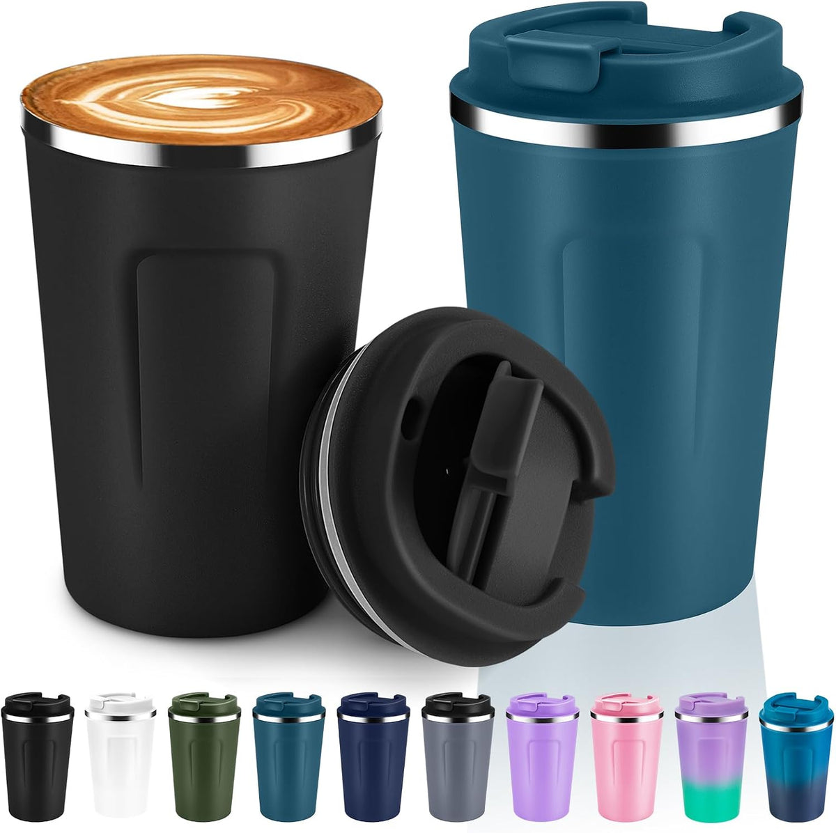 Volhoply 12 oz Double Wall Insulated Vacuum Travel Coffee Mug with Flip Lid,Reusable Stainless Steel Leak Proof Coffee Cup,Portable Iced Cafe Thermal Tumbler Suitable for Hot & Cold Drinks(Bule)