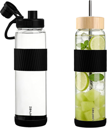 32 oz Glass Water Bottle, 2 Lids with Straw and Handle, 1 Pack