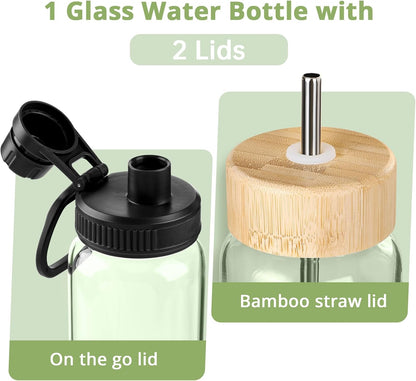32 oz Glass Water Bottle, 2 Lids with Straw and Handle, 1 Pack