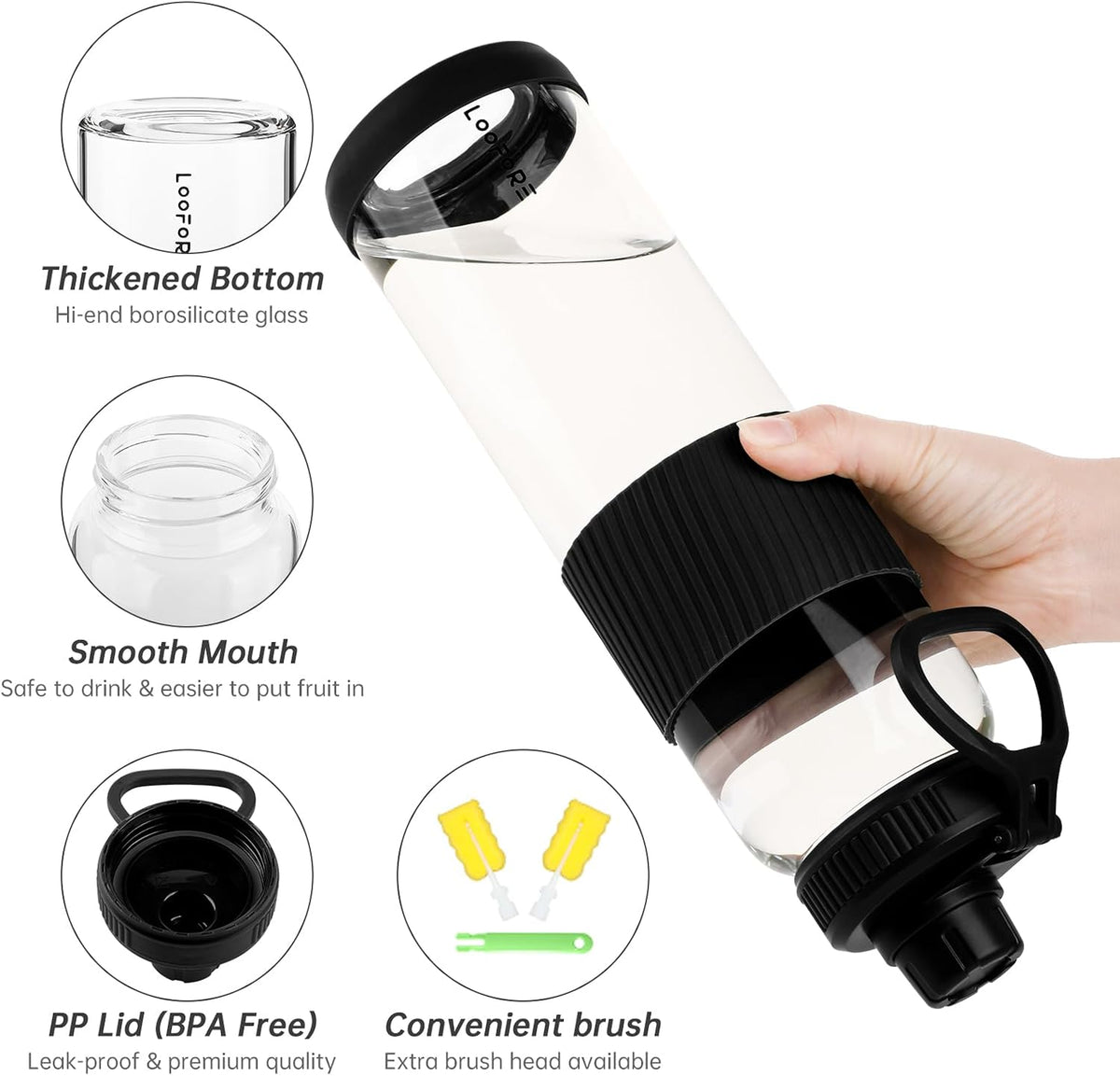 32 oz Glass Water Bottle, 2 Lids with Straw and Handle, 1 Pack