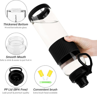 32 oz Glass Water Bottle, 2 Lids with Straw and Handle, 1 Pack
