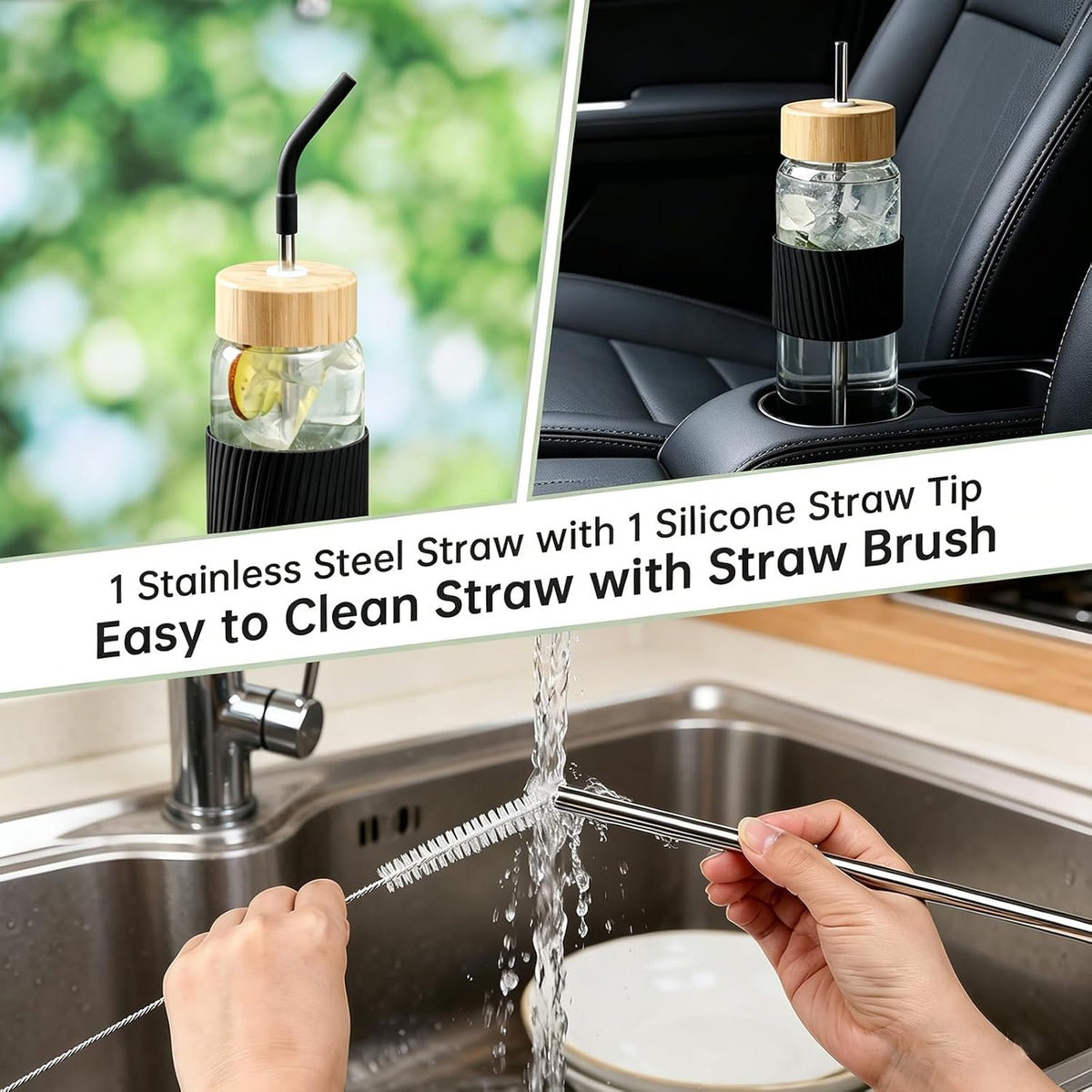 32 oz Glass Water Bottle, 2 Lids with Straw and Handle, 1 Pack