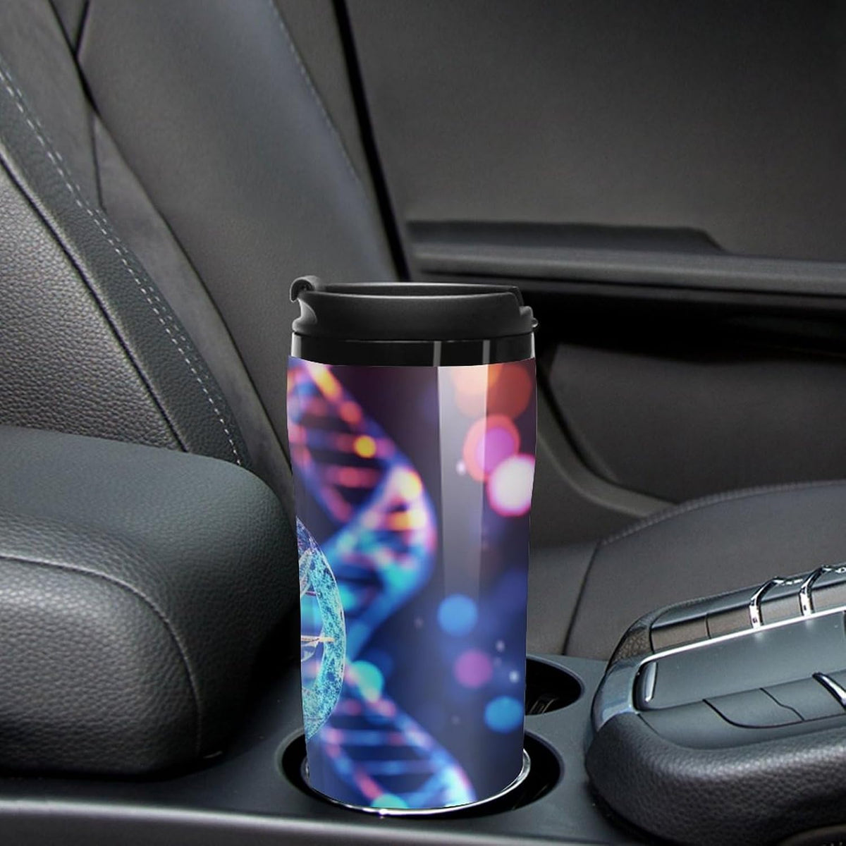 Double Wall Vacuum Coffee Cup - DNA Genetic Helix Reusable Plastic Travel Mug with Lid, 350ml Insulated Tumbler for Hot & Cold Drinks, Portable Coffee Mug for Car Office Use