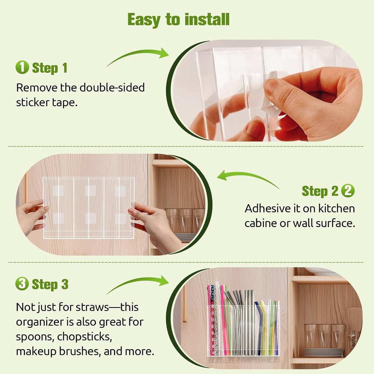 9.6” Large Acrylic Straw Holder for Cabinet Door - 6 compartments, easy to clean, Reusable Tumbler Straw Organizer Storage, Small Kitchen Accessories Container, Ultra Sticky Cupboard Door Mounted