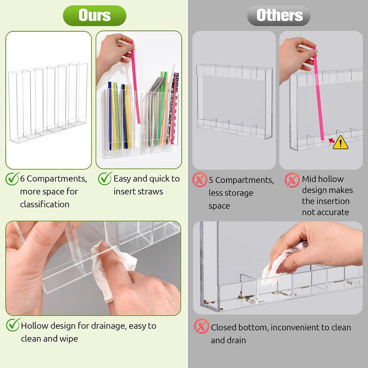 9.6” Large Acrylic Straw Holder for Cabinet Door - 6 compartments, easy to clean, Reusable Tumbler Straw Organizer Storage, Small Kitchen Accessories Container, Ultra Sticky Cupboard Door Mounted