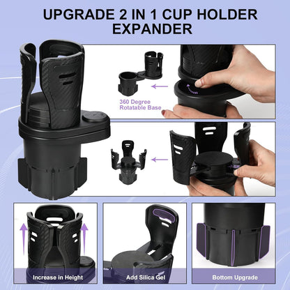 JINKEY Upgrade 2 in 1 Multifunction Cup Holder Extender, 360°Adjustable Rotating Dual Cup Holder Insert for Stanley Car Water Bottle Holder Adapter Carbon Fiber