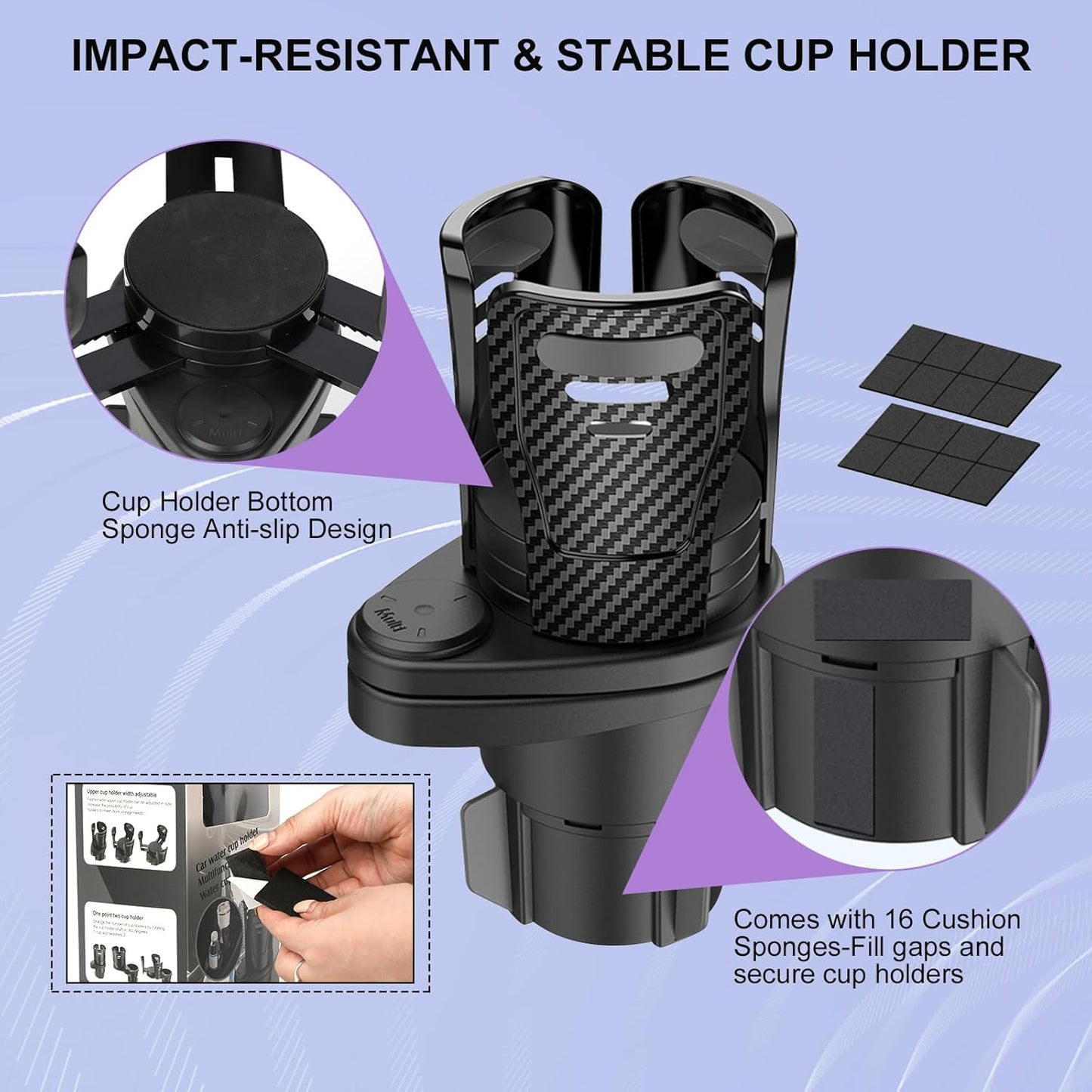 JINKEY Upgrade 2 in 1 Multifunction Cup Holder Extender, 360°Adjustable Rotating Dual Cup Holder Insert for Stanley Car Water Bottle Holder Adapter Carbon Fiber