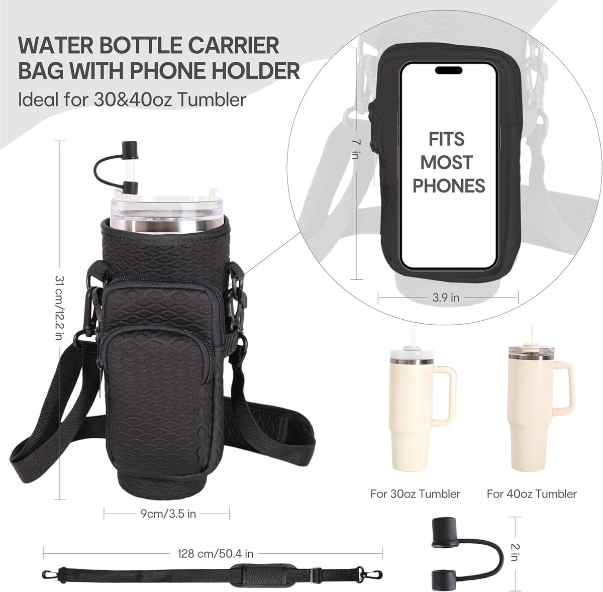 & Water Bottle Shoulder Bag with Phone Pocket, Compatible with Stanley 30oz Tumblers - Neoprene Carrier with Adjustable Strap & Charm Accessory (Black)
