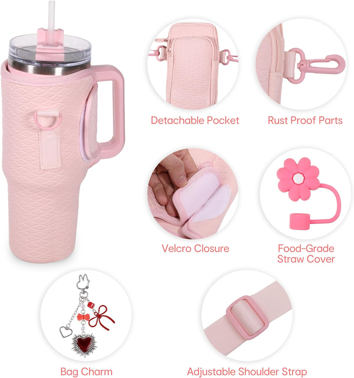 & Water Bottle Shoulder Bag with Phone Pocket, Compatible with Stanley 30oz Tumblers - Neoprene Carrier with Adjustable Strap & Charm Accessory (Black)