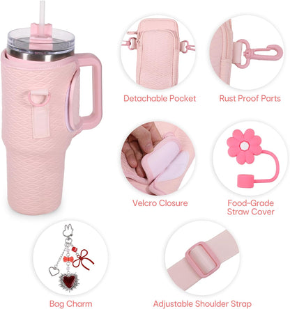 & Water Bottle Shoulder Bag with Phone Pocket, Compatible with Stanley 30oz Tumblers - Neoprene Carrier with Adjustable Strap & Charm Accessory (Black)