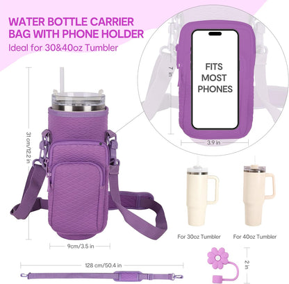 & Water Bottle Shoulder Bag with Phone Pocket, Compatible with Stanley 30oz Tumblers - Neoprene Carrier with Adjustable Strap & Charm Accessory (Black)