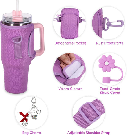 & Water Bottle Shoulder Bag with Phone Pocket, Compatible with Stanley 30oz Tumblers - Neoprene Carrier with Adjustable Strap & Charm Accessory (Black)