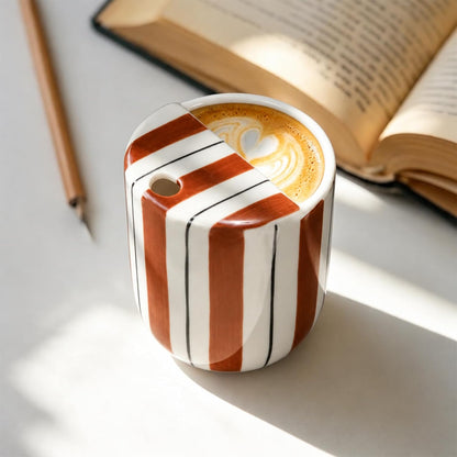 Ceramic Mug with Sip Hole 10 oz Novelty Food Pattern Ceramic Coffee Mug Hand Painted Travel Mugs Heat Resistant Non Slip Built in One Lid Handcraft Mugs for Coffee Lovers Appreciation Gift