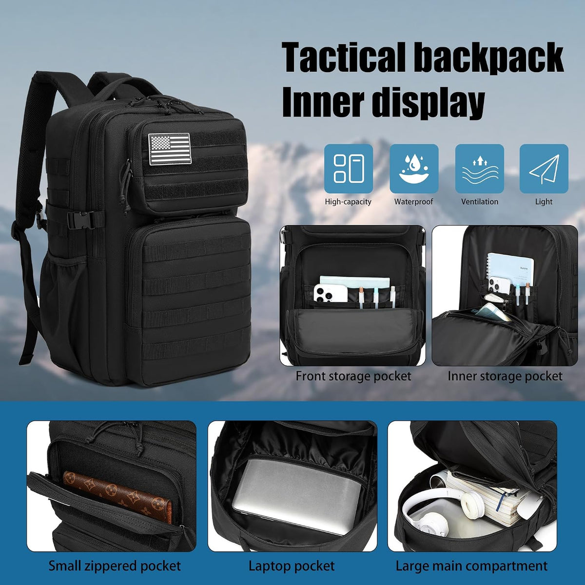 Military Tactical Backpack for Men Waterproof Daypack 3 Day Assault Pack Molle Bag with Water Bottle Holder