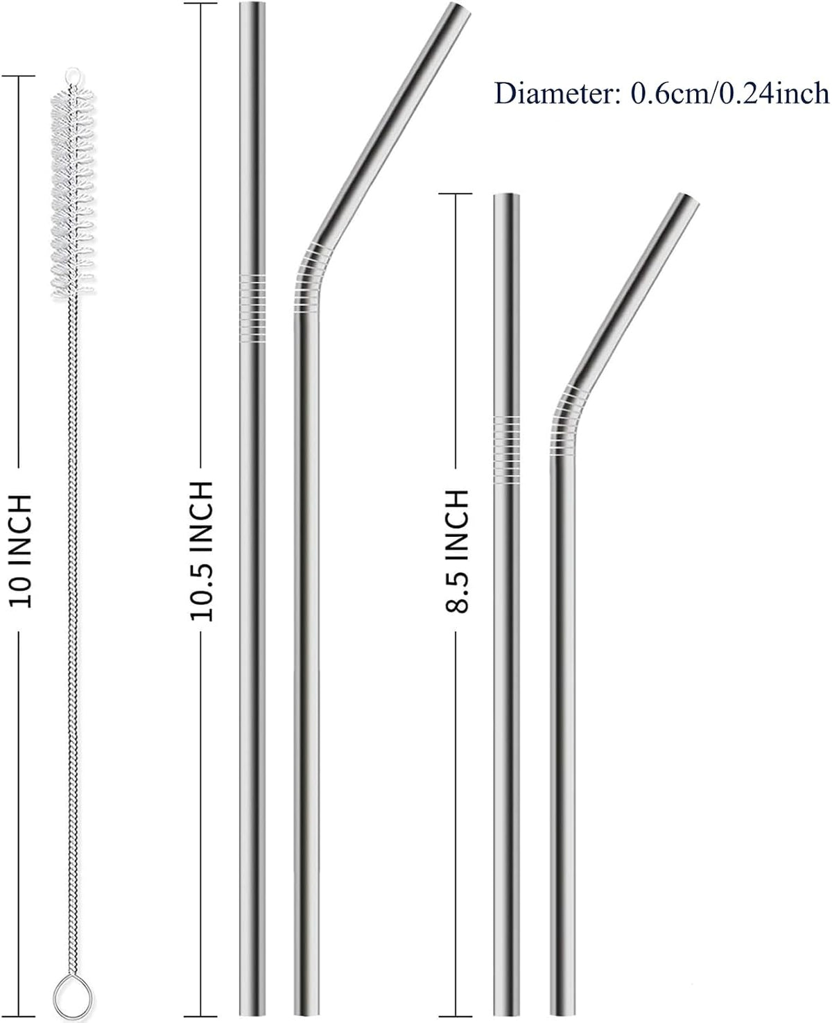 12 Pack of Reusable Stainless Steel Metal Straws, 3 Straight + 3 Bent 10.5 Inch and 3 Straight + 3 Bent 8.5 Inch Metal Straws with 2 Cleaning Brushes for 20 24 30 oz Tumbler Dishwasher Safef