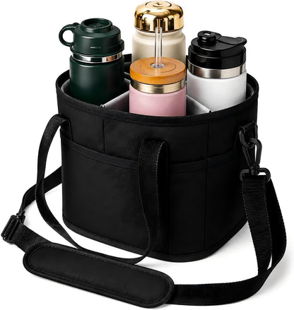 4 Compartment Insulated Drink Carrier Bag with Strap for Travel | Black Insulated Fabric Holder. Adjustable Strap. Ideal for Car Picnic. Reusable and Leakproof. Fits 4 Tumblers