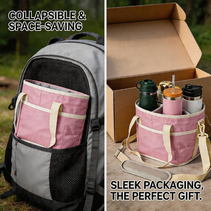 4 Compartment Insulated Drink Carrier Bag with Strap for Travel | Black Insulated Fabric Holder. Adjustable Strap. Ideal for Car Picnic. Reusable and Leakproof. Fits 4 Tumblers
