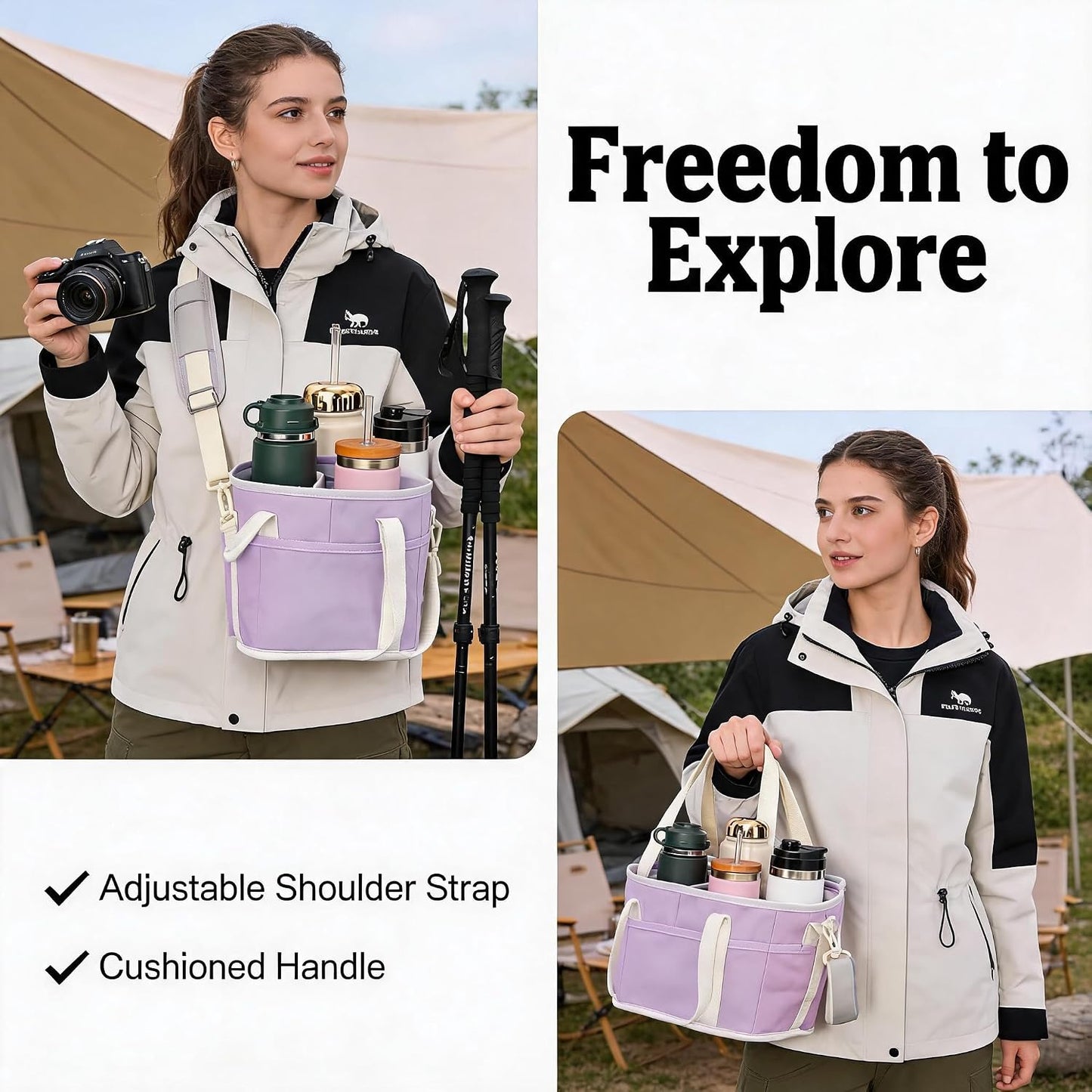 4 Compartment Insulated Drink Carrier Bag with Strap for Travel | Black Insulated Fabric Holder. Adjustable Strap. Ideal for Car Picnic. Reusable and Leakproof. Fits 4 Tumblers