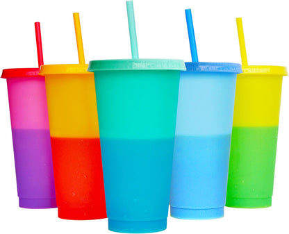 Color Changing Cups, 24oz Plastic Tumblers, Reusable Iced Coffee & Smoothie Cups with Lids and Straws for Parties and Travel (5 Change)