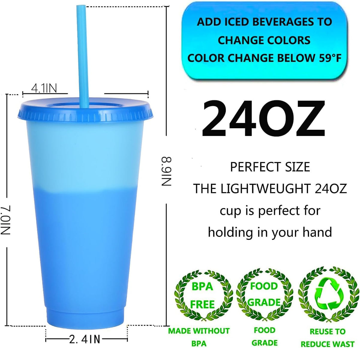 Color Changing Cups, 24oz Plastic Tumblers, Reusable Iced Coffee & Smoothie Cups with Lids and Straws for Parties and Travel (5 Change)