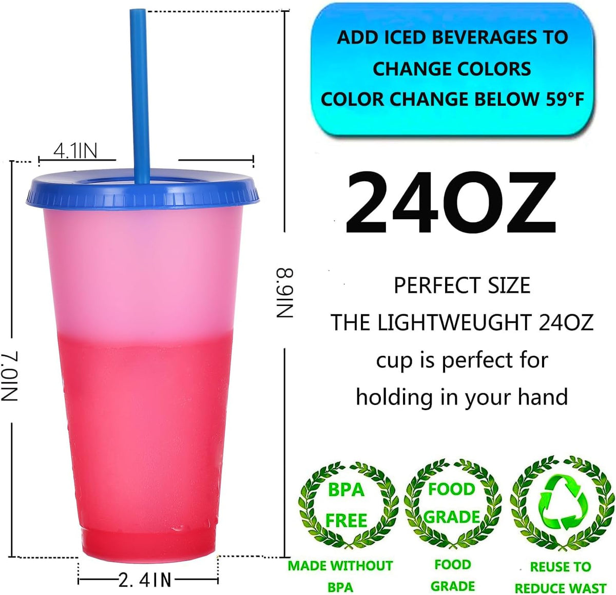 Color Changing Cups, 24oz Plastic Tumblers, Reusable Iced Coffee & Smoothie Cups with Lids and Straws for Parties and Travel (5 Change)