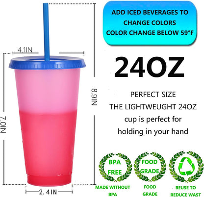 Color Changing Cups, 24oz Plastic Tumblers, Reusable Iced Coffee & Smoothie Cups with Lids and Straws for Parties and Travel (5 Change)