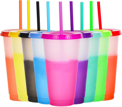 Color Changing Cups, 24oz Plastic Tumblers, Reusable Iced Coffee & Smoothie Cups with Lids and Straws for Parties and Travel (5 Change)