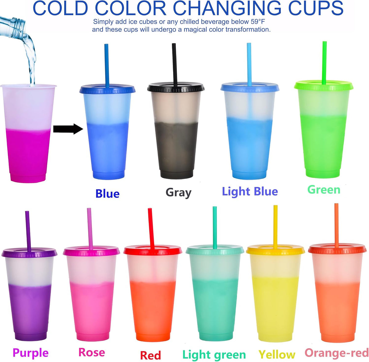 Color Changing Cups, 24oz Plastic Tumblers, Reusable Iced Coffee & Smoothie Cups with Lids and Straws for Parties and Travel (5 Change)