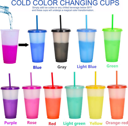 Color Changing Cups, 24oz Plastic Tumblers, Reusable Iced Coffee & Smoothie Cups with Lids and Straws for Parties and Travel (5 Change)