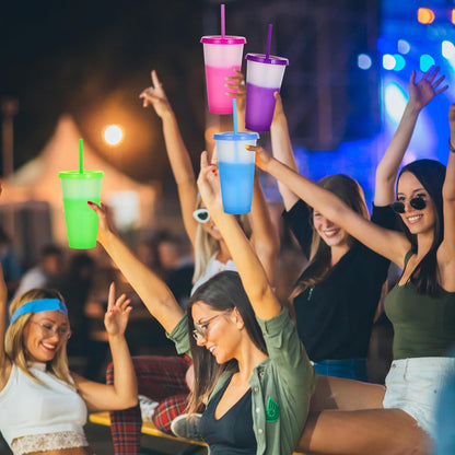 Color Changing Cups, 24oz Plastic Tumblers, Reusable Iced Coffee & Smoothie Cups with Lids and Straws for Parties and Travel (5 Change)