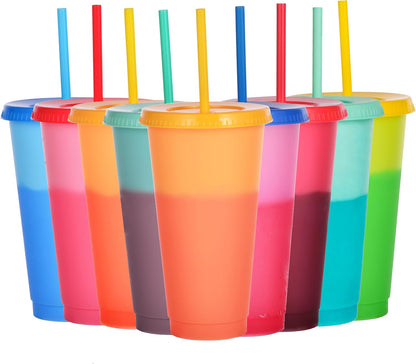 Color Changing Cups, 24oz Plastic Tumblers, Reusable Iced Coffee & Smoothie Cups with Lids and Straws for Parties and Travel (5 Change)