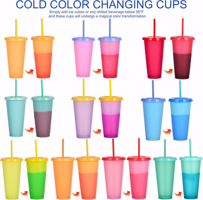 Color Changing Cups, 24oz Plastic Tumblers, Reusable Iced Coffee & Smoothie Cups with Lids and Straws for Parties and Travel (5 Change)