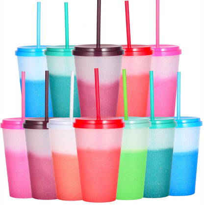 Color Changing Cups, 24oz Plastic Tumblers, Reusable Iced Coffee & Smoothie Cups with Lids and Straws for Parties and Travel (5 Change)