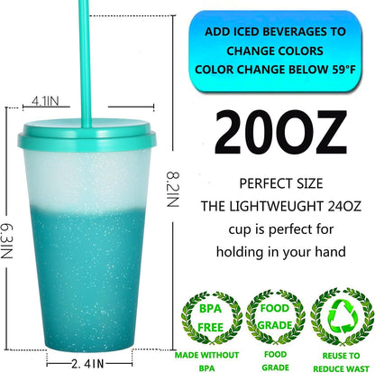 Color Changing Cups, 24oz Plastic Tumblers, Reusable Iced Coffee & Smoothie Cups with Lids and Straws for Parties and Travel (5 Change)