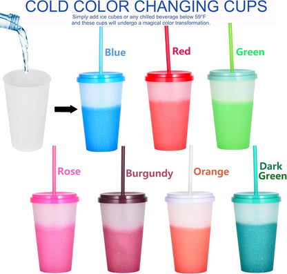 Color Changing Cups, 24oz Plastic Tumblers, Reusable Iced Coffee & Smoothie Cups with Lids and Straws for Parties and Travel (5 Change)