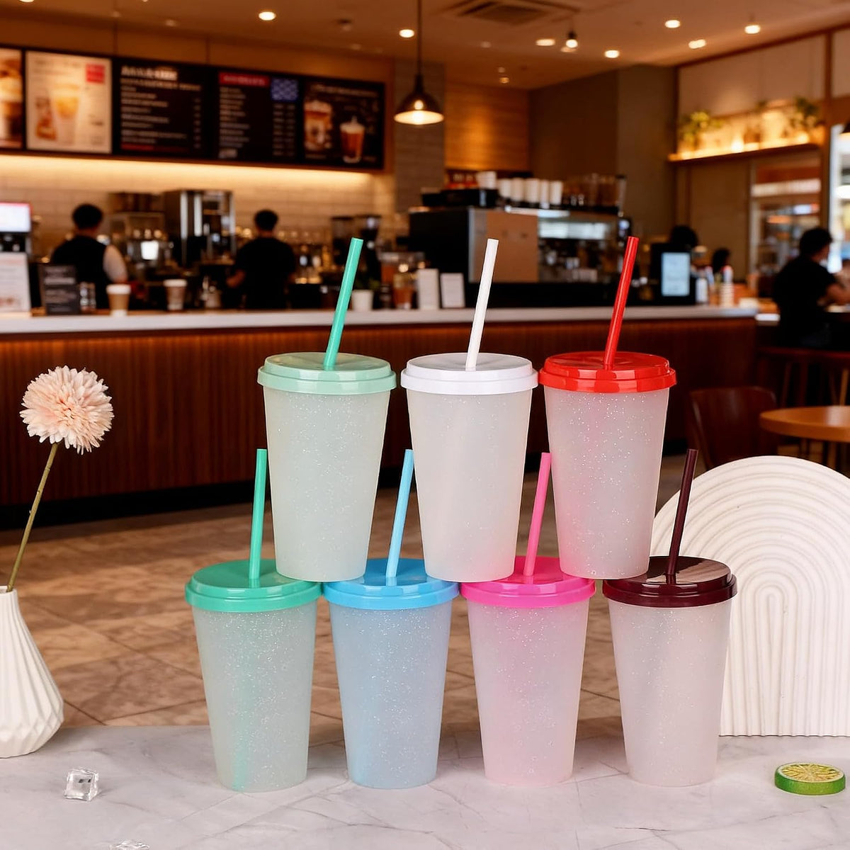 Color Changing Cups, 24oz Plastic Tumblers, Reusable Iced Coffee & Smoothie Cups with Lids and Straws for Parties and Travel (5 Change)