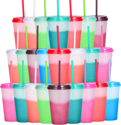 Color Changing Cups, 24oz Plastic Tumblers, Reusable Iced Coffee & Smoothie Cups with Lids and Straws for Parties and Travel (5 Change)
