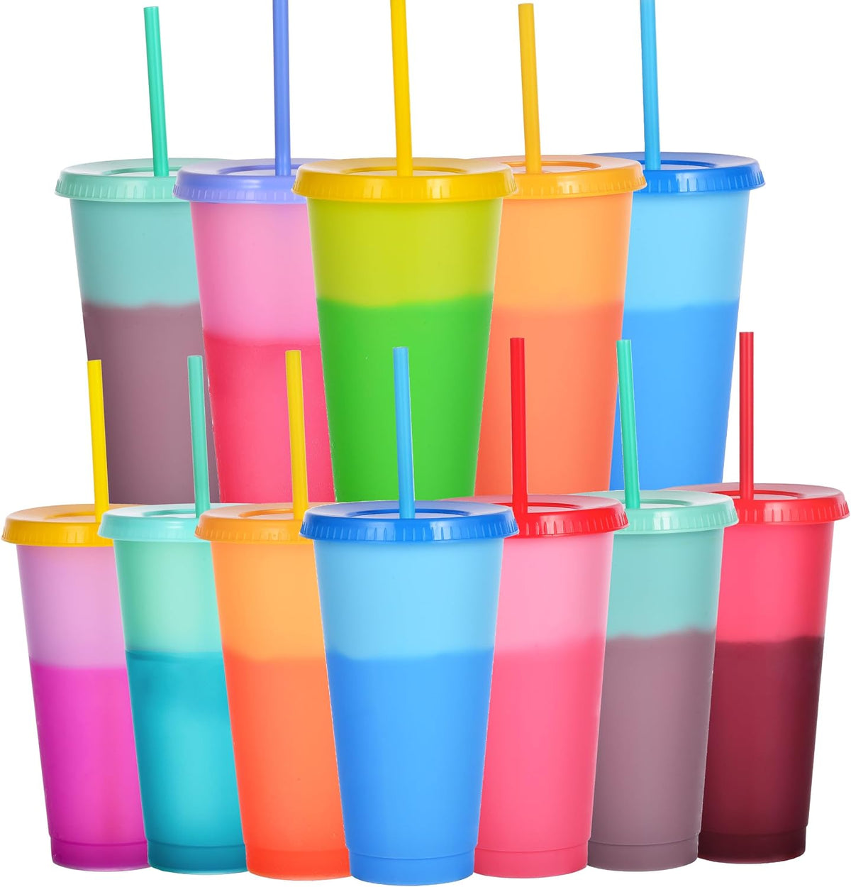 Color Changing Cups, 24oz Plastic Tumblers, Reusable Iced Coffee & Smoothie Cups with Lids and Straws for Parties and Travel (5 Change)
