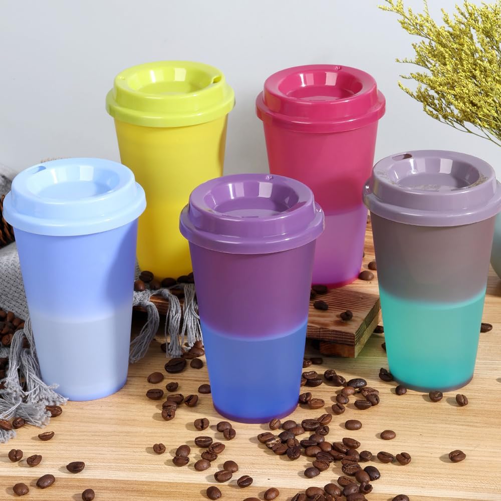 Color Changing Cups, 24oz Plastic Tumblers, Reusable Iced Coffee & Smoothie Cups with Lids and Straws for Parties and Travel (5 Change)