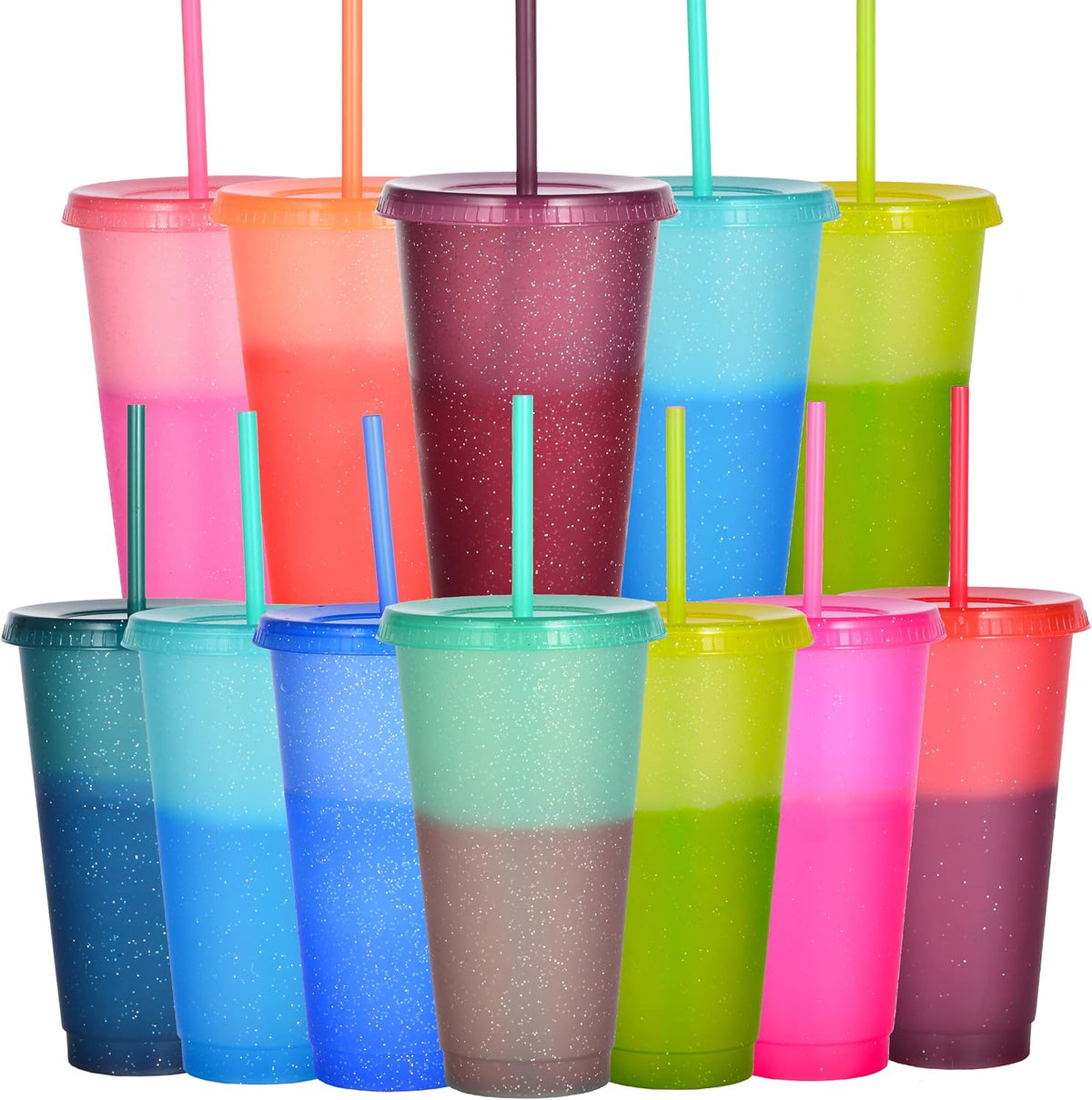Color Changing Cups, 24oz Plastic Tumblers, Reusable Iced Coffee & Smoothie Cups with Lids and Straws for Parties and Travel (5 Change)