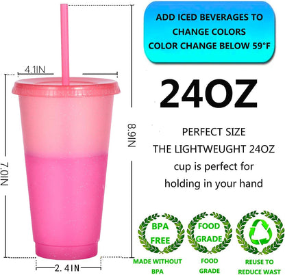 Color Changing Cups, 24oz Plastic Tumblers, Reusable Iced Coffee & Smoothie Cups with Lids and Straws for Parties and Travel (5 Change)