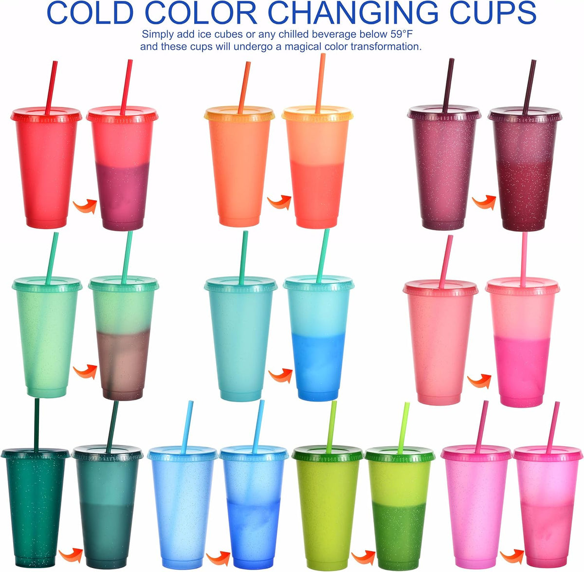 Color Changing Cups, 24oz Plastic Tumblers, Reusable Iced Coffee & Smoothie Cups with Lids and Straws for Parties and Travel (5 Change)