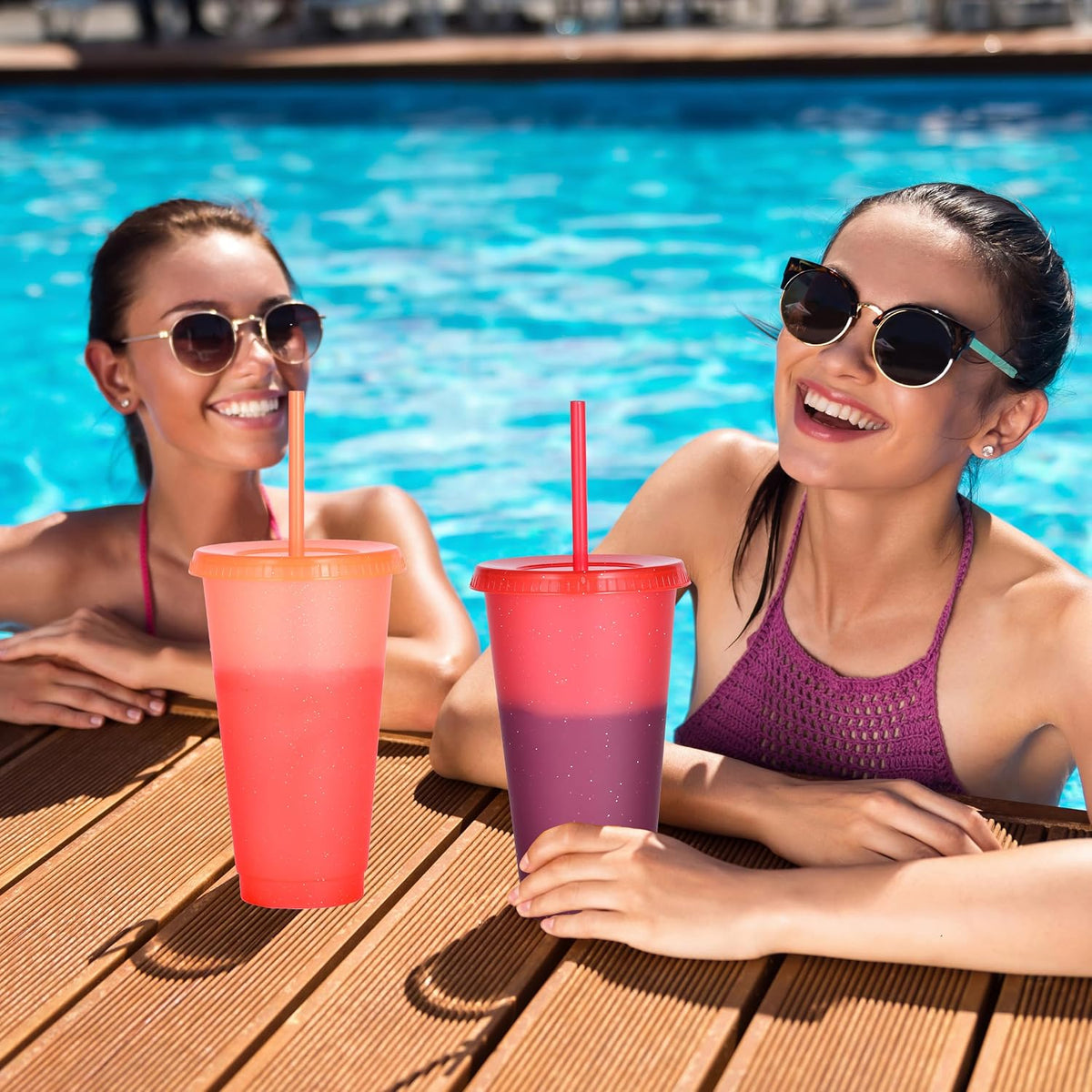 Color Changing Cups, 24oz Plastic Tumblers, Reusable Iced Coffee & Smoothie Cups with Lids and Straws for Parties and Travel (5 Change)