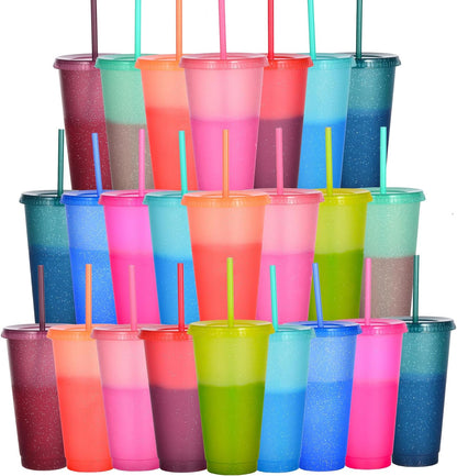 Color Changing Cups, 24oz Plastic Tumblers, Reusable Iced Coffee & Smoothie Cups with Lids and Straws for Parties and Travel (5 Change)