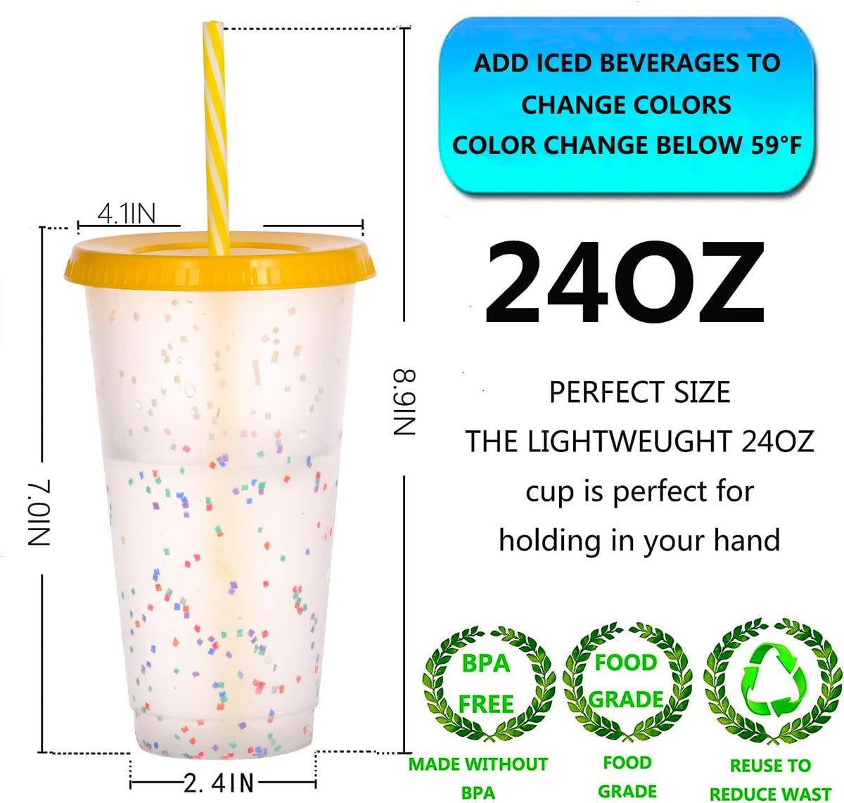Color Changing Cups, 24oz Plastic Tumblers, Reusable Iced Coffee & Smoothie Cups with Lids and Straws for Parties and Travel (5 Change)