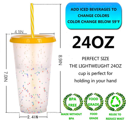 Color Changing Cups, 24oz Plastic Tumblers, Reusable Iced Coffee & Smoothie Cups with Lids and Straws for Parties and Travel (5 Change)