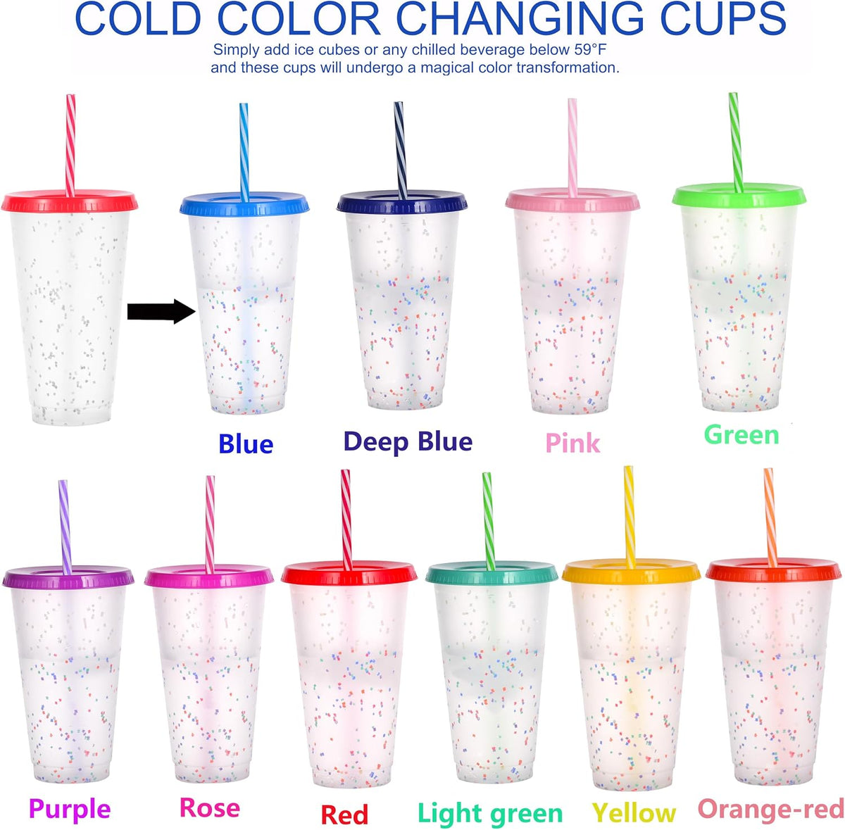 Color Changing Cups, 24oz Plastic Tumblers, Reusable Iced Coffee & Smoothie Cups with Lids and Straws for Parties and Travel (5 Change)