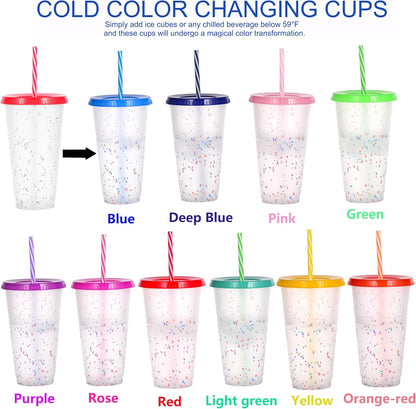 Color Changing Cups, 24oz Plastic Tumblers, Reusable Iced Coffee & Smoothie Cups with Lids and Straws for Parties and Travel (5 Change)