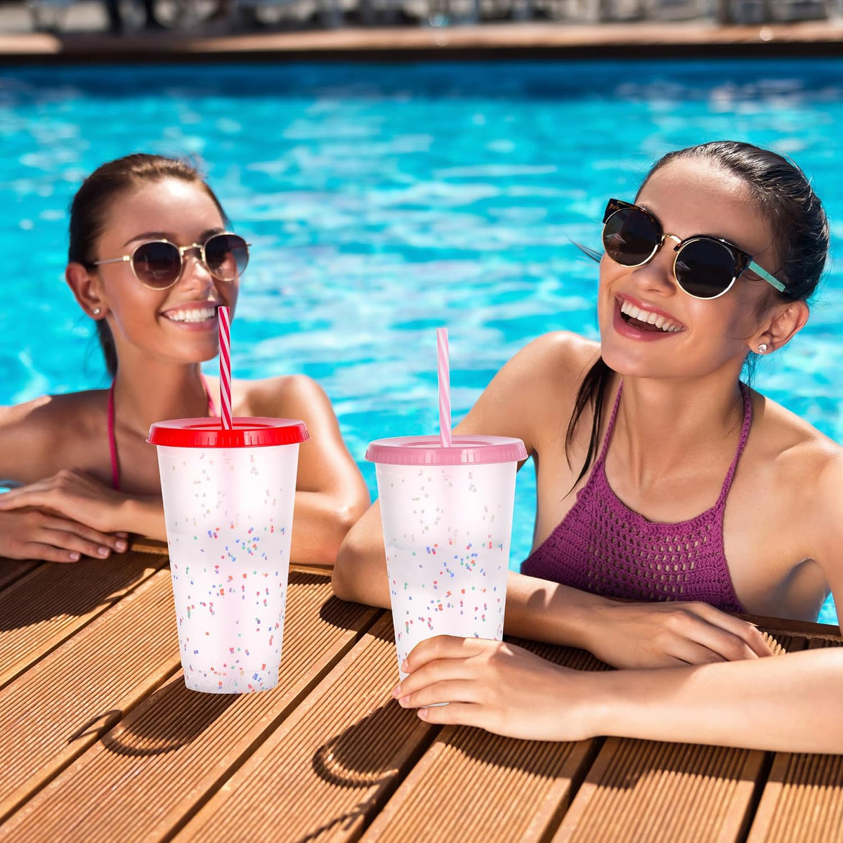 Color Changing Cups, 24oz Plastic Tumblers, Reusable Iced Coffee & Smoothie Cups with Lids and Straws for Parties and Travel (5 Change)